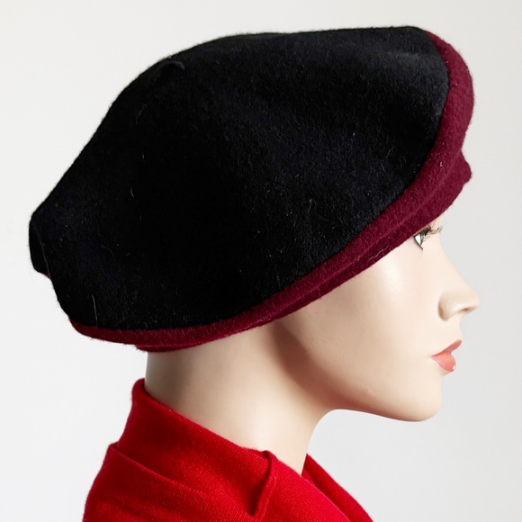 Vintage Norma Kamali for Stetson Wool Beret – Black & Burgundy Two-Tone (1980s) main image 13
